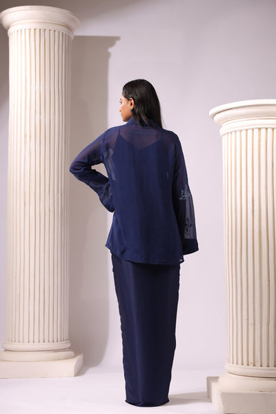 NAVY BLUE ORGANZA EMBROIDERD TOP WITH SATIN DRAPED SKIRT