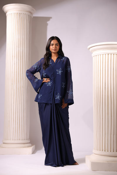 NAVY BLUE ORGANZA EMBROIDERD TOP WITH SATIN DRAPED SKIRT