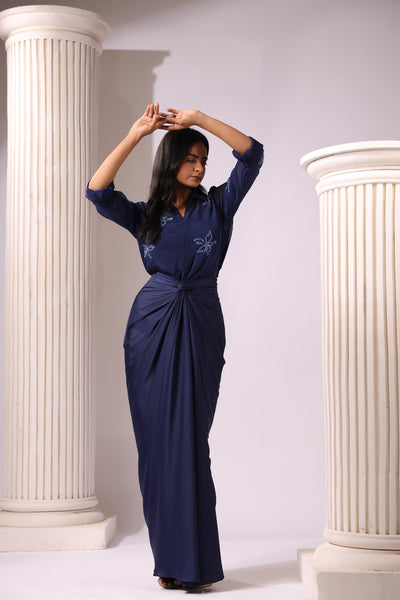 NAVY BLUE ORGANZA EMBROIDERD TOP WITH SATIN DRAPED SKIRT