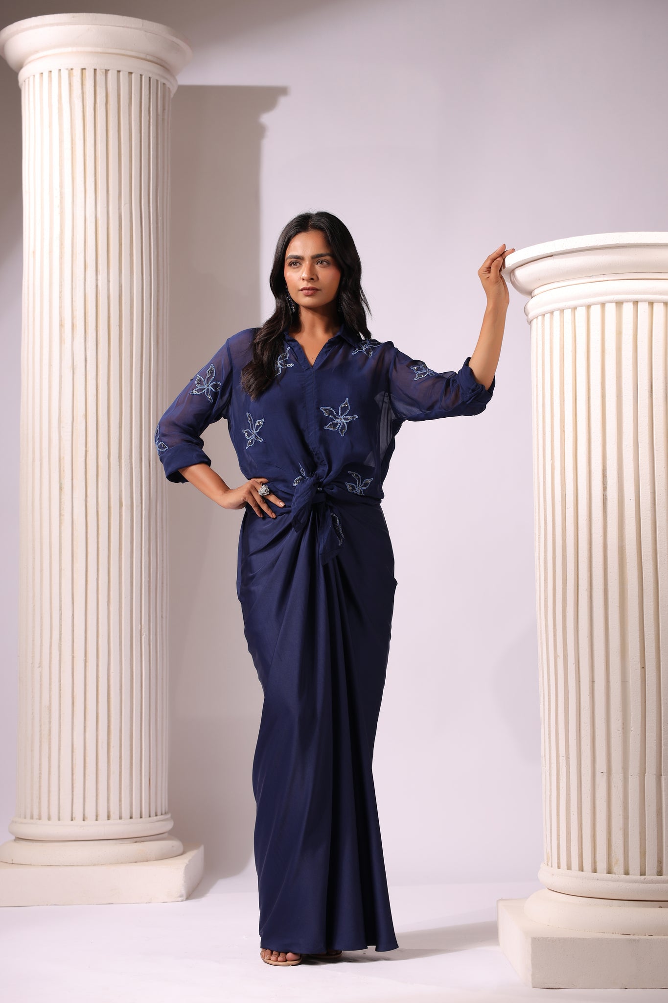 NAVY BLUE ORGANZA EMBROIDERD TOP WITH SATIN DRAPED SKIRT