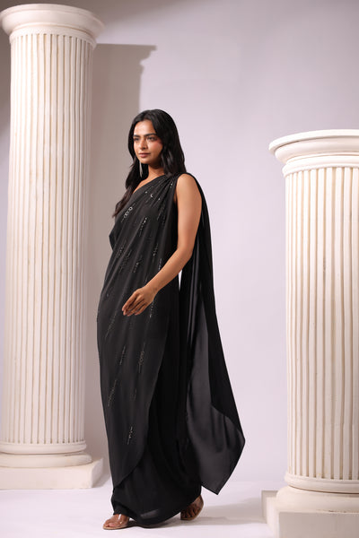 ONE SHOULDER BLACK DRAPE SAREE