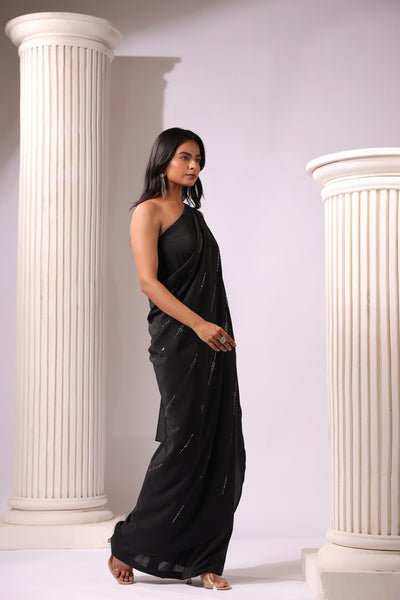 ONE SHOULDER BLACK DRAPE SAREE