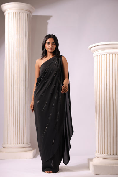 ONE SHOULDER BLACK DRAPE SAREE