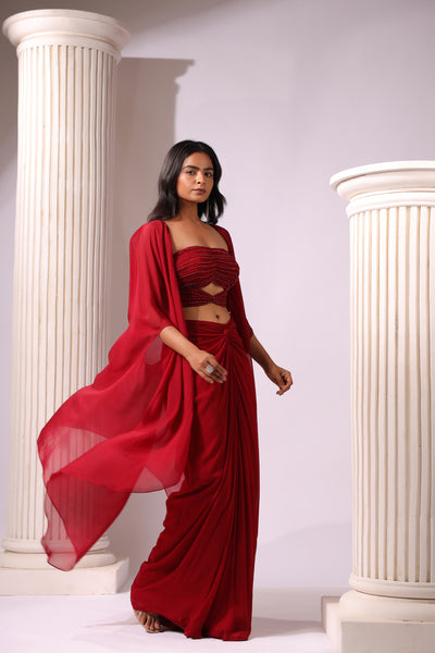 RED CUTOUT DRAPE BLOUSE AND SKIRT WITH ORGANZA CAPE