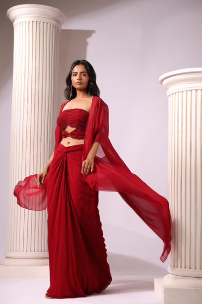 RED CUTOUT DRAPE BLOUSE AND SKIRT WITH ORGANZA CAPE