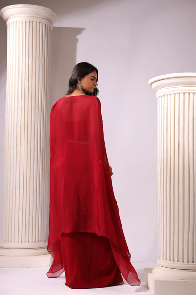 RED CUTOUT DRAPE BLOUSE AND SKIRT WITH ORGANZA CAPE