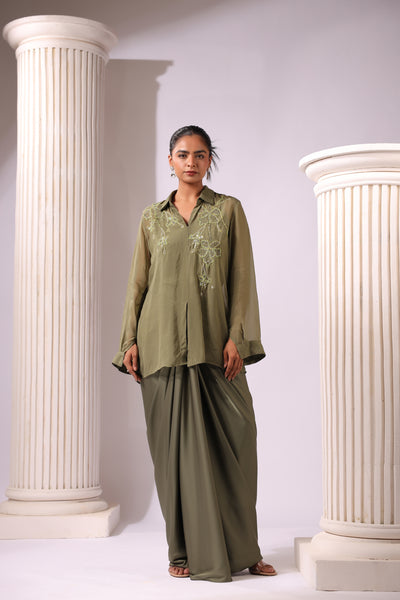 OLIVE GREEN ORGANZA EMBROIDERED TOP DRAPED SATIN SKIRT