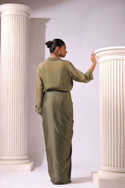 OLIVE GREEN ORGANZA EMBROIDERED TOP DRAPED SATIN SKIRT