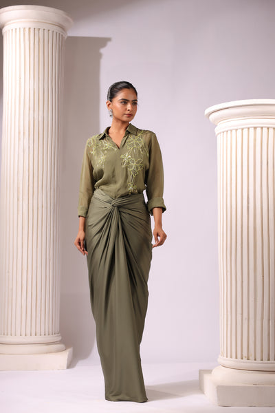 OLIVE GREEN ORGANZA EMBROIDERED TOP DRAPED SATIN SKIRT