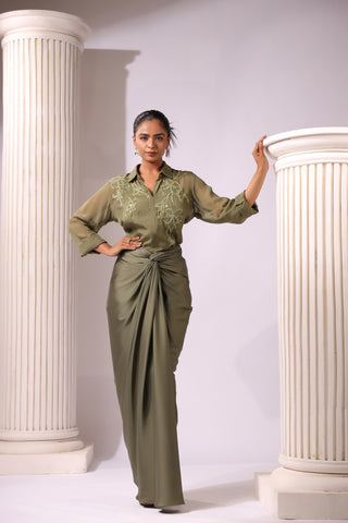 OLIVE GREEN ORGANZA EMBROIDERED TOP DRAPED SATIN SKIRT