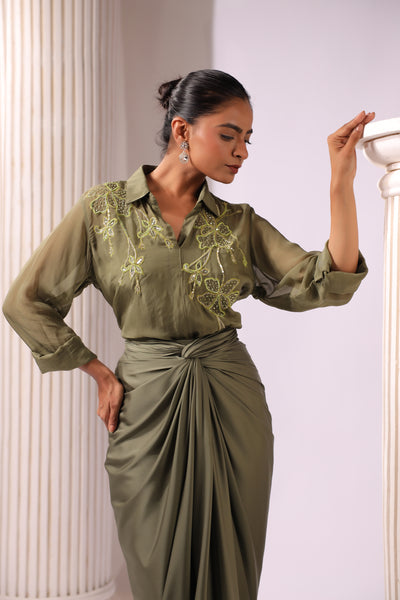 OLIVE GREEN ORGANZA EMBROIDERED TOP DRAPED SATIN SKIRT