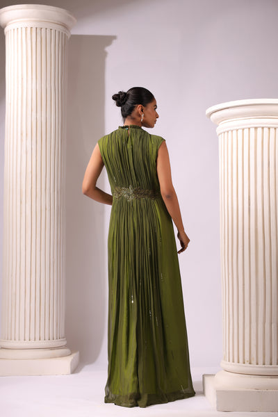 OLIVE GREEN GEORGETTE GOWN WITH APPLIQUE FLOWERS AT THE WAIST