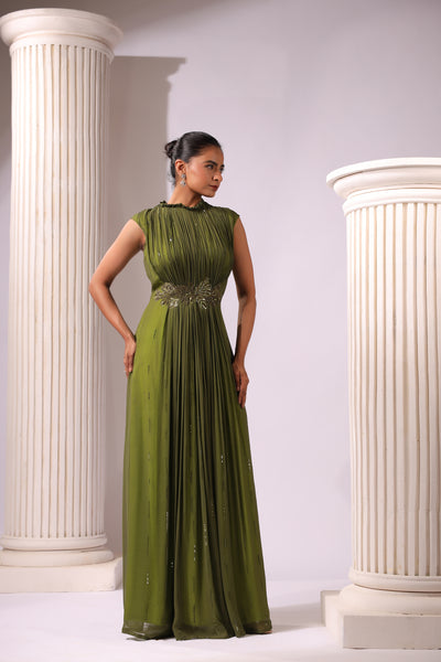 OLIVE GREEN GEORGETTE GOWN WITH APPLIQUE FLOWERS AT THE WAIST