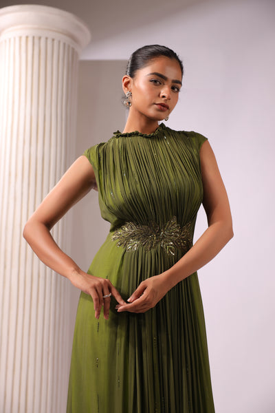 OLIVE GREEN GEORGETTE GOWN WITH APPLIQUE FLOWERS AT THE WAIST