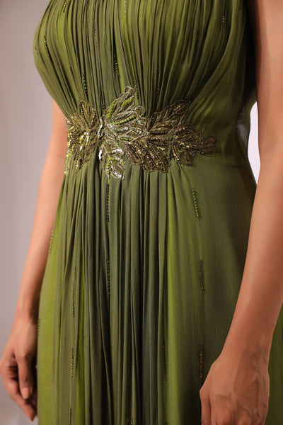 OLIVE GREEN GEORGETTE GOWN WITH APPLIQUE FLOWERS AT THE WAIST