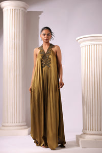 OLIVE GREEN SATIN ASSYMETRIC APPLIQUE WORK DRESS