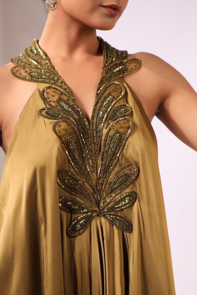 OLIVE GREEN SATIN ASSYMETRIC APPLIQUE WORK DRESS