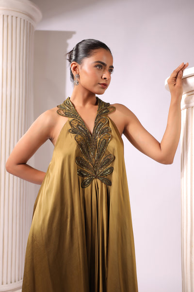 OLIVE GREEN SATIN ASSYMETRIC APPLIQUE WORK DRESS