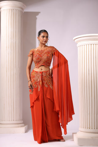 RUST ONE SHOE SHOULDER STYLE APPLIQUE DRAPE DAREE