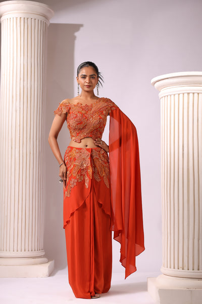 RUST ONE SHOE SHOULDER STYLE APPLIQUE DRAPE DAREE