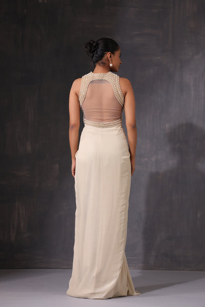 CREAM DRAPED PEARL EMBROIDERED BACKLESS GOWN