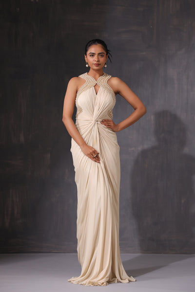 CREAM DRAPED PEARL EMBROIDERED BACKLESS GOWN