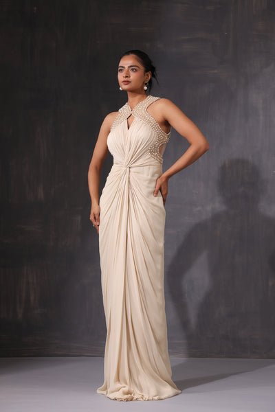 CREAM DRAPED PEARL EMBROIDERED BACKLESS GOWN