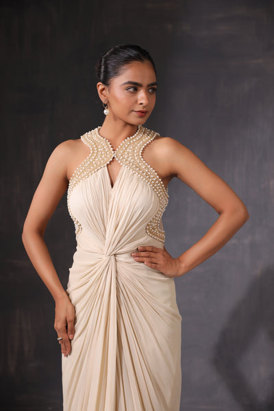 CREAM DRAPED PEARL EMBROIDERED BACKLESS GOWN