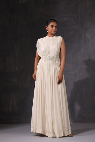 OFF WHITE GEORGETTE PEARL GOWN