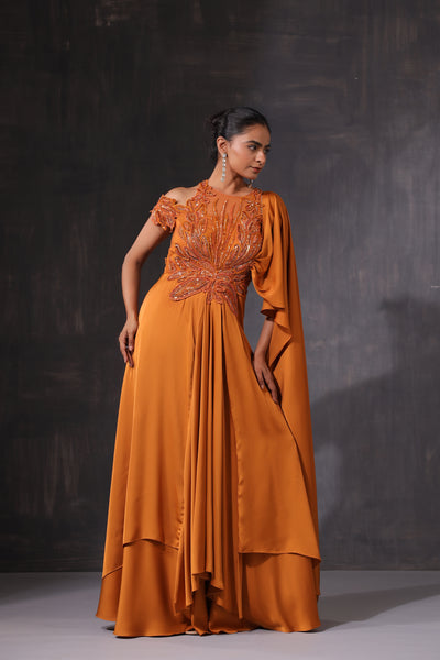 ORANGE APPLIQUE DRAPE SAREE