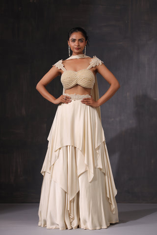 PEARL WORK BLOUSE WITH RUFFLE LEHENGA AND DRAPE DUPATTA