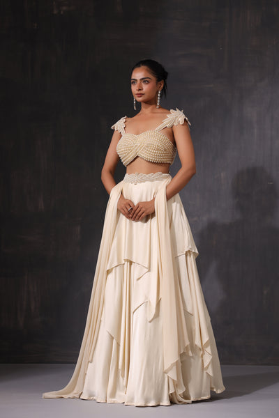 PEARL WORK BLOUSE WITH RUFFLE LEHENGA AND DRAPE DUPATTA