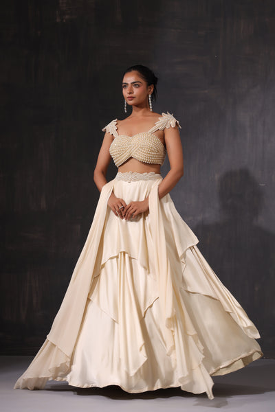 PEARL WORK BLOUSE WITH RUFFLE LEHENGA AND DRAPE DUPATTA