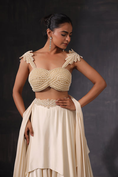 PEARL WORK BLOUSE WITH RUFFLE LEHENGA AND DRAPE DUPATTA