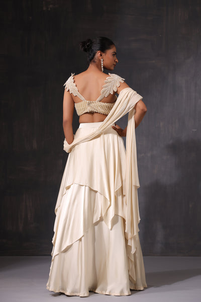 PEARL WORK BLOUSE WITH RUFFLE LEHENGA AND DRAPE DUPATTA