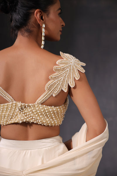 PEARL WORK BLOUSE WITH RUFFLE LEHENGA AND DRAPE DUPATTA