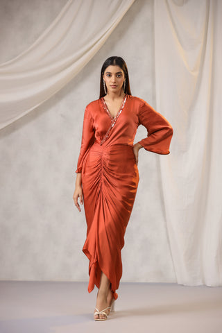 RUST SATIN DRAPED DRESS