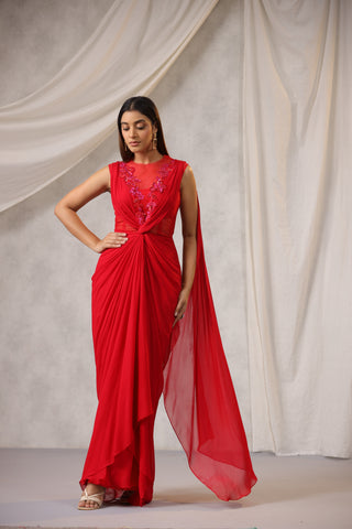 RED GEORGETTE DRAPED SAREE