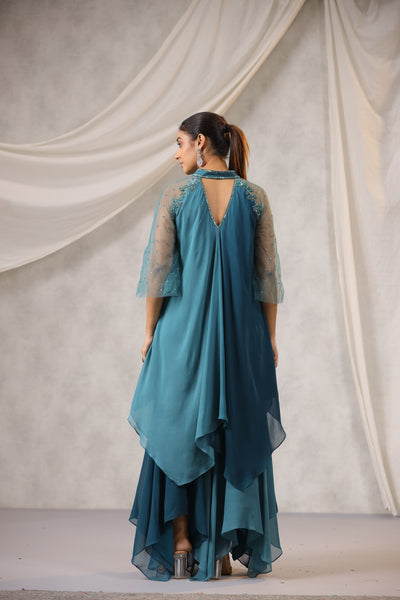 TEAL AQUA OMBRE ASSYMETRIC WATERFALL SHARARA SET