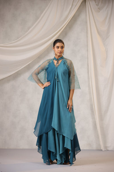 TEAL AQUA OMBRE ASSYMETRIC WATERFALL SHARARA SET