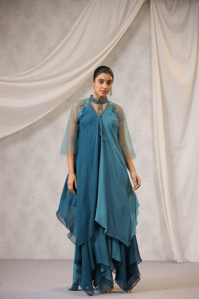 TEAL AQUA OMBRE ASSYMETRIC WATERFALL SHARARA SET