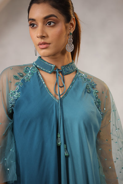 TEAL AQUA OMBRE ASSYMETRIC WATERFALL SHARARA SET