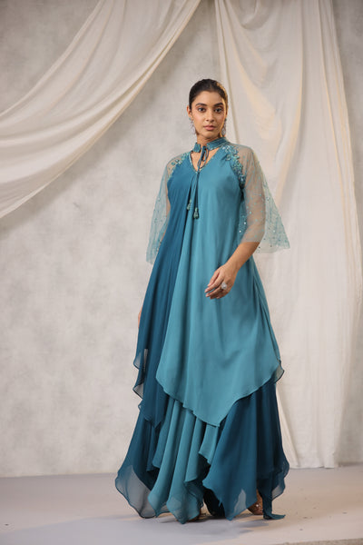 TEAL AQUA OMBRE ASSYMETRIC WATERFALL SHARARA SET