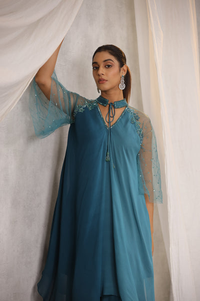 TEAL AQUA OMBRE ASSYMETRIC WATERFALL SHARARA SET