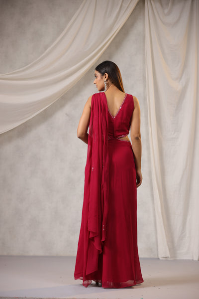 RASPBERRY PIN K WAIST CUTOUT DRAPED SAREE