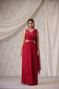 RASPBERRY PIN K WAIST CUTOUT DRAPED SAREE