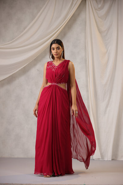 RASPBERRY PIN K WAIST CUTOUT DRAPED SAREE