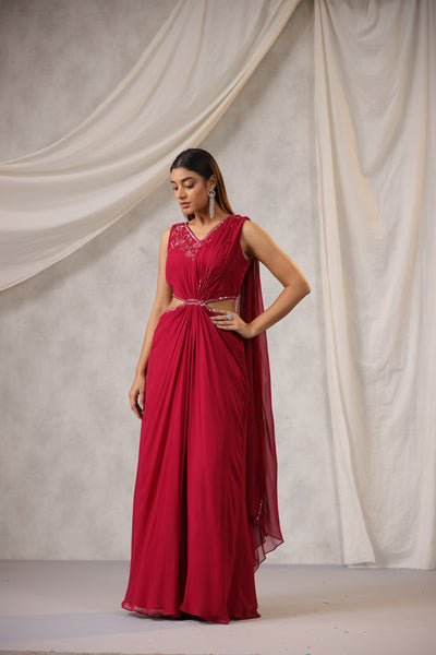 RASPBERRY PIN K WAIST CUTOUT DRAPED SAREE