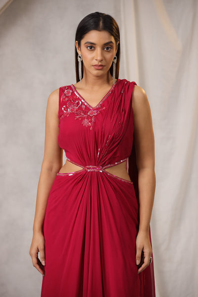 RASPBERRY PIN K WAIST CUTOUT DRAPED SAREE