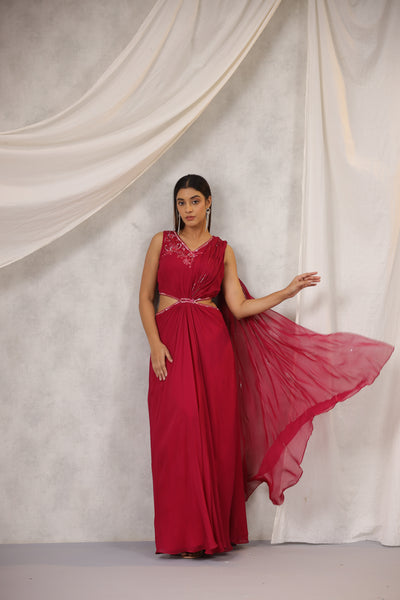 RASPBERRY PIN K WAIST CUTOUT DRAPED SAREE